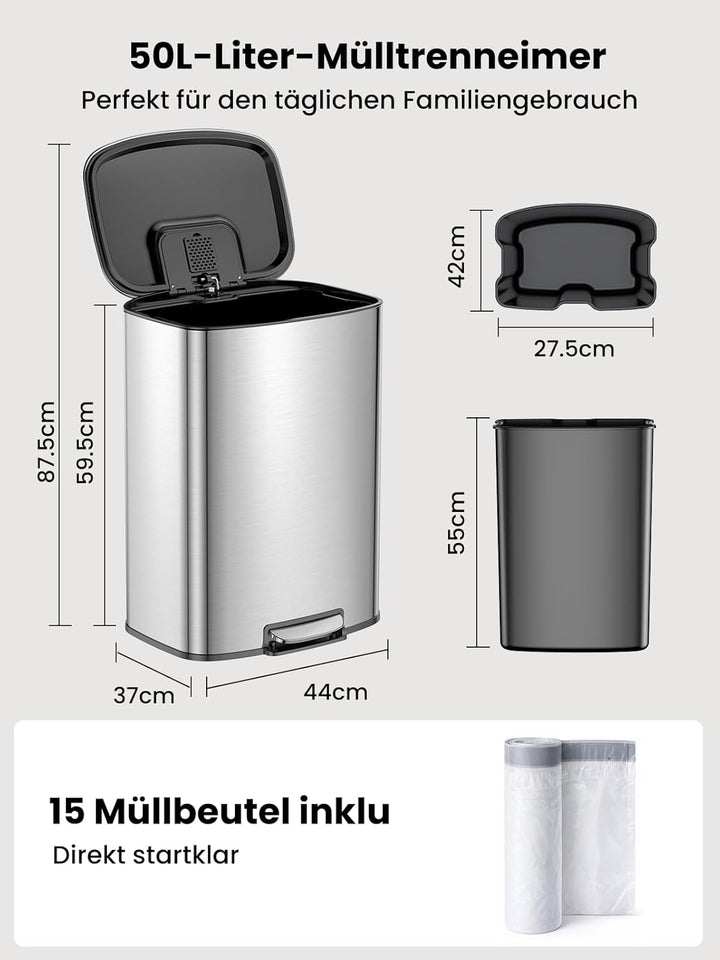 YEAUPE PRO Mülleimer Küche 50L Edelstahl, Treteimer mit Deckel Soft Close, Abfalleimer mit Herausneh