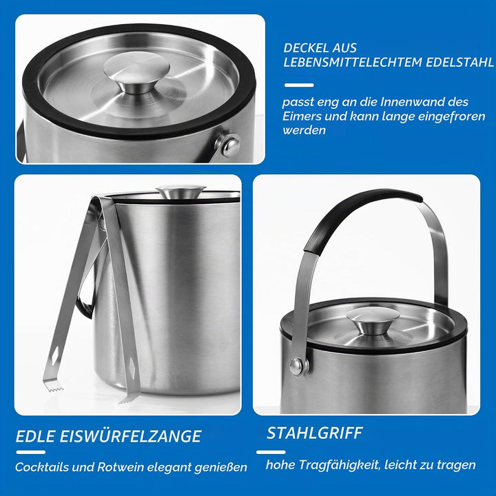 2L Eiswürfelbehälter, Eiskübel mit deckel,Eiswürfelbehälter Edelstahl mit Clips und Sieb, perfekt zu