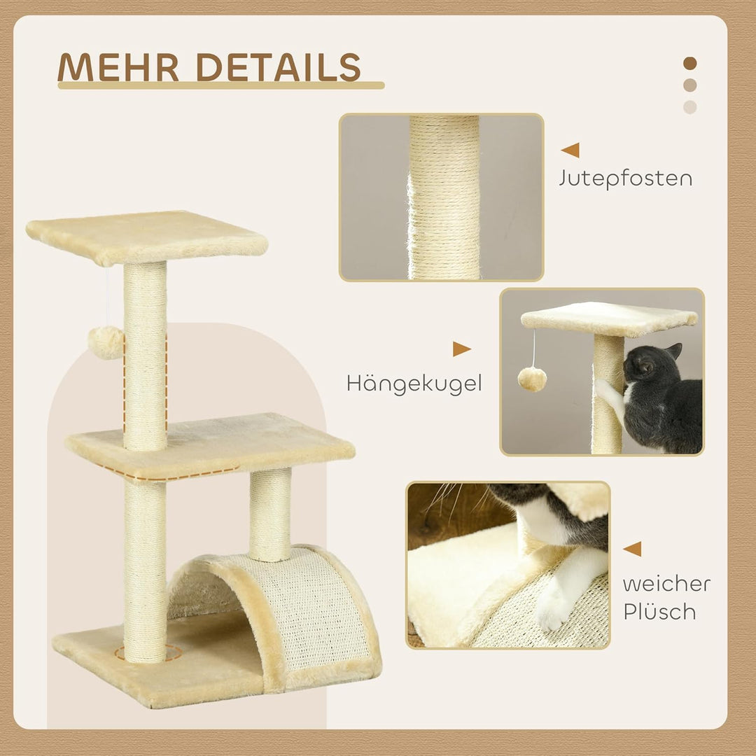 PawHut Kratzbaum 72 cm Katzenturm mit Plüschballen, Sisalstämme, Plattform, Kratzbrett mehrstöckiger