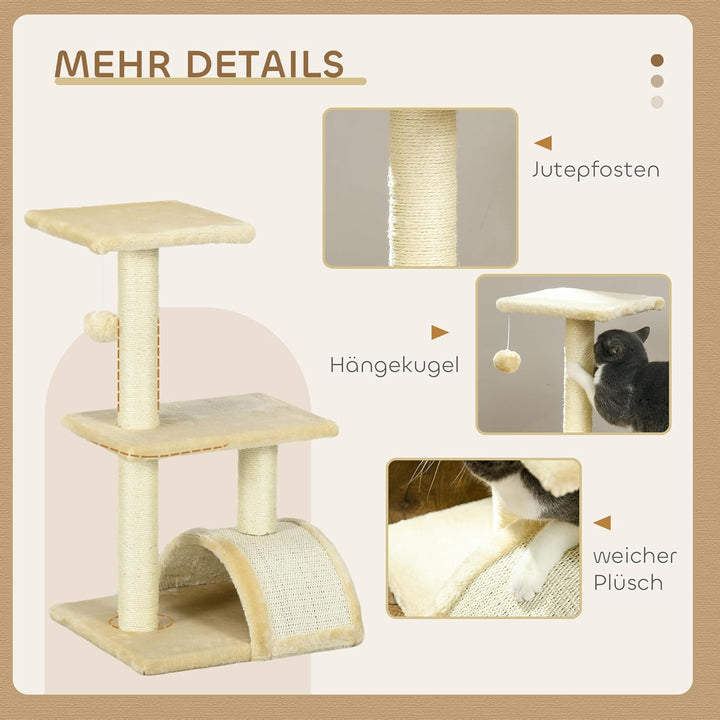 PawHut Kratzbaum 72 cm Katzenturm mit Plüschballen, Sisalstämme, Plattform, Kratzbrett mehrstöckiger