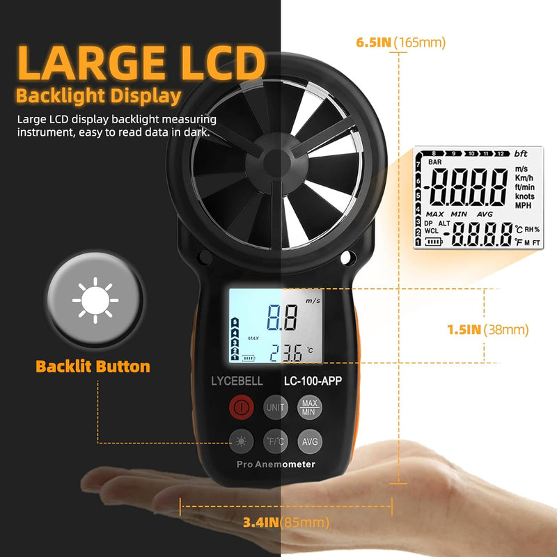 LYCEBELL Windmesser Windmessgerät, LC-100-APP Digital Anemometer, APP Connect mit drahtlosem Bluetoo