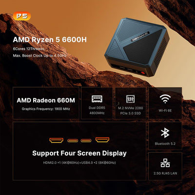 BOSGAME P5 Mini-PC, AMD Ryzen 5 6600H Prozessor (bis zu 4,5 GHz), Windows 11 Pro Mini-Computer, 24 G