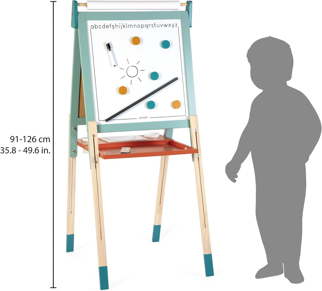 Janod - Doppelseitige Holzstaffelei - Erweiterbar, höhenverstellbar - Weisse Magnettafel + Kreidesch