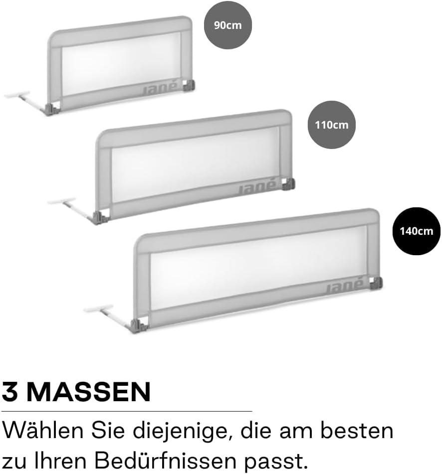 Jané - Klappbares Bettgitter, Länge 140 cm, Transporttasche, extra hoch 140 cm Grau, 140 cm Grau