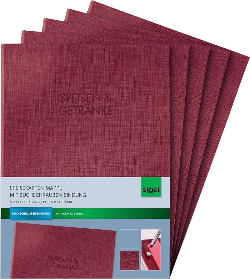 SIGEL SM132 Speisekarten-Mappen mit Buchschrauben-Bindung für A4, 5er Pack, bordeauxrot mit edler Le