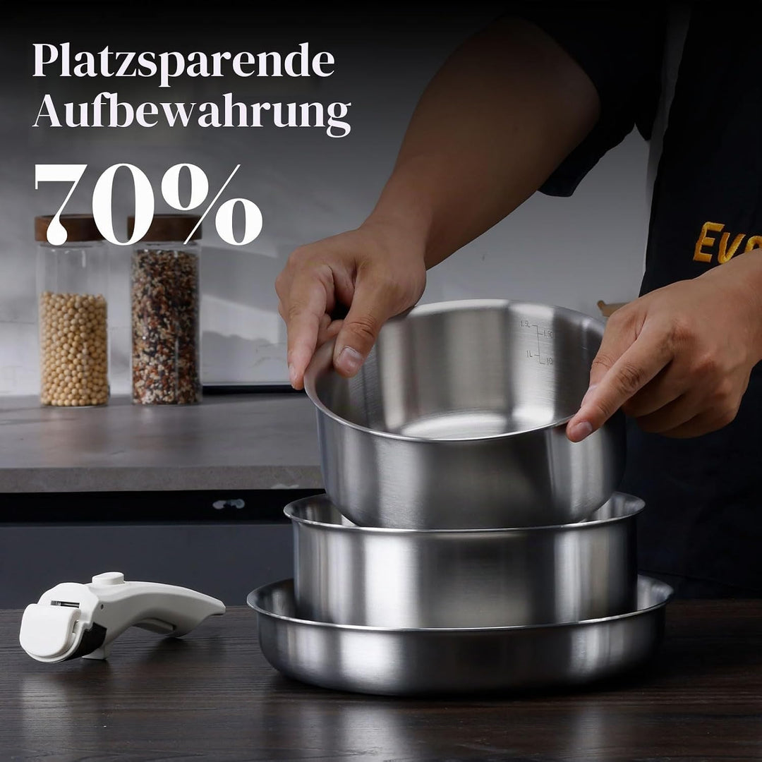 EvoFar Topfsets Edelstahl Pfannenset 14Stk Kochgeschirr Set mit Abnehmbaren Griffen, Pfanne 24cm, To