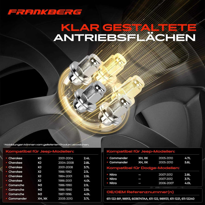 Frankberg 20x Radmutter Kompatibel mit Commander XH XK 3.7L-5.7L 2005-2010 Nitro 2.8L-4.0L 2006-2012
