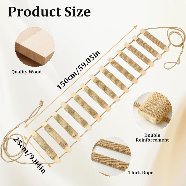 Katzenleiter 150 cm, 3-in-1 Katzenleiterbrücke Wand aus Holz &amp; Sisalseil | Katzenbrücke Wand Katzent