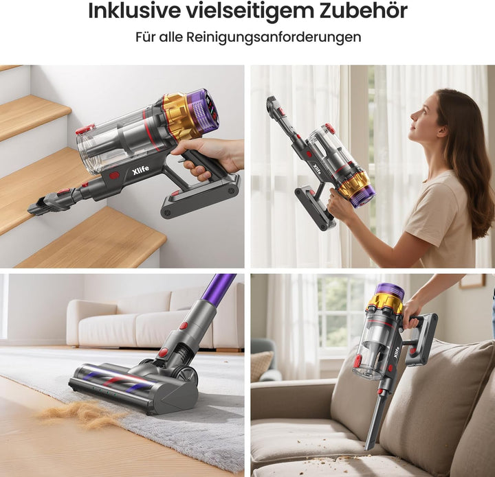 Xlife Akku Staubsauger Kabellos 550W/48kPa/50Min, Anti-Tangle-Bürste für Tierhaare, HEPA-Filter, Gre
