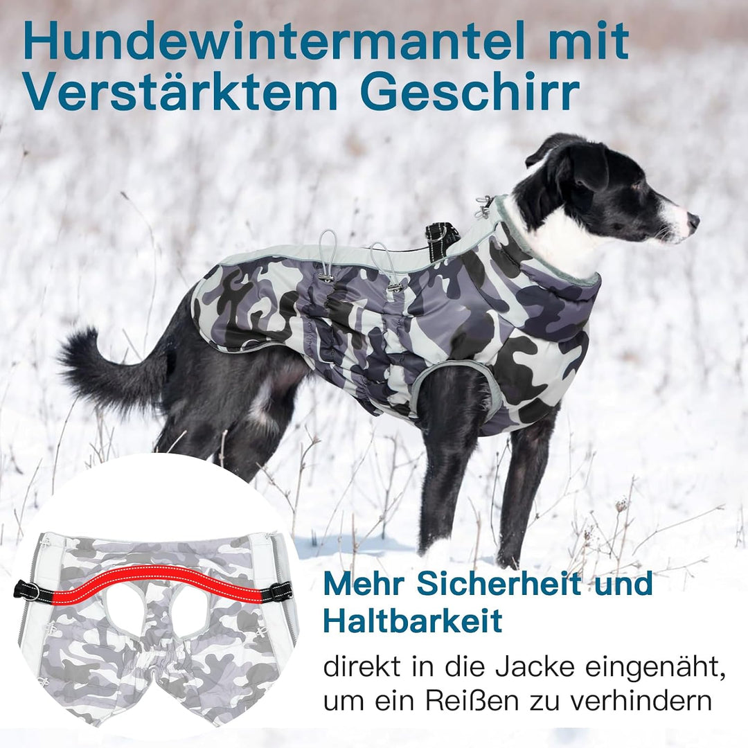 Hunde Wintermantel Wasserbeständig, Verstellbarer Halsausschnitt, Hundemantel mit Geschirr und Durch