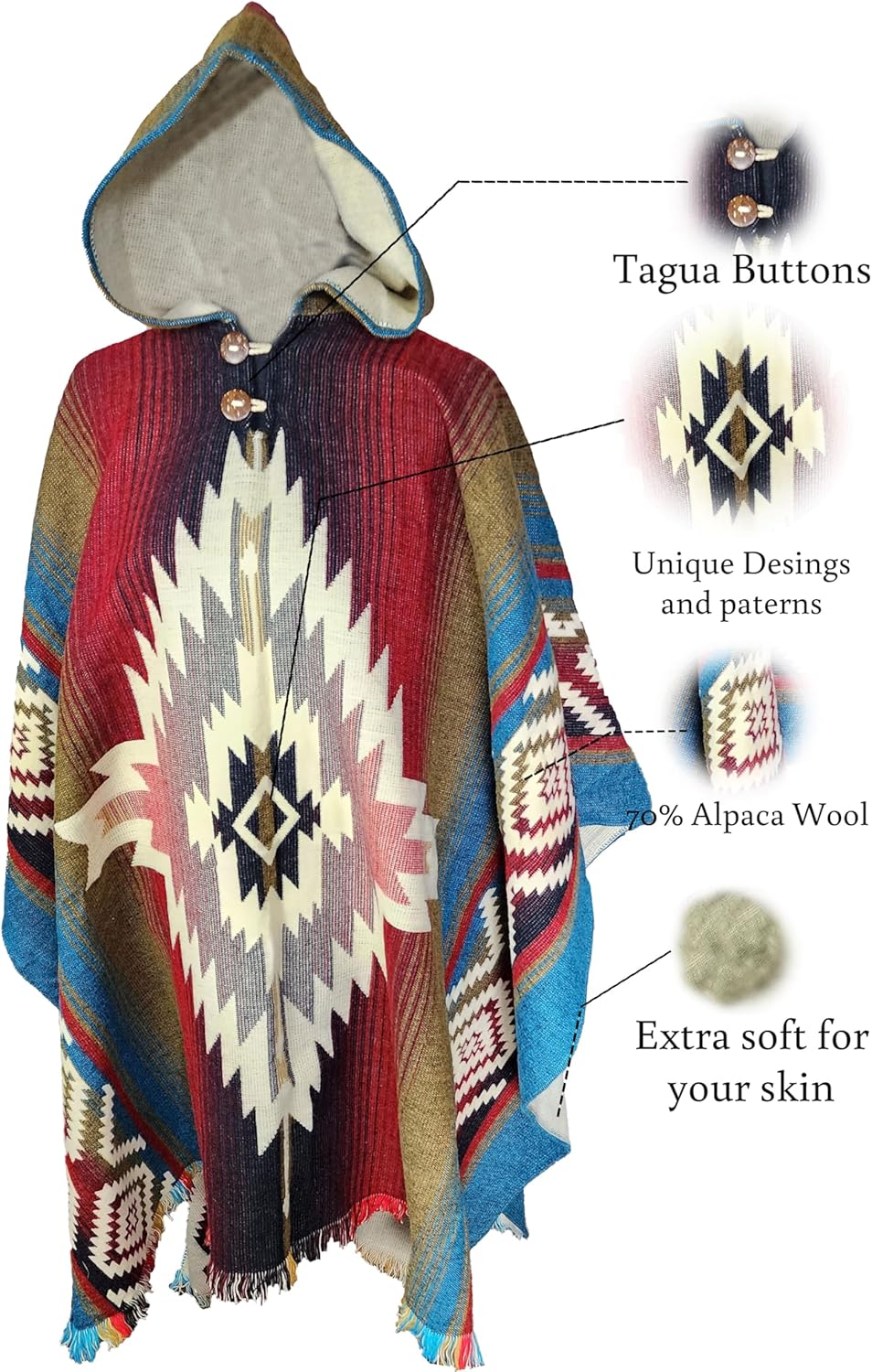 Alpaca World Unisex Alpaka Poncho Einheitsgrösse Meerblau, Weinrot, Beige, Variety