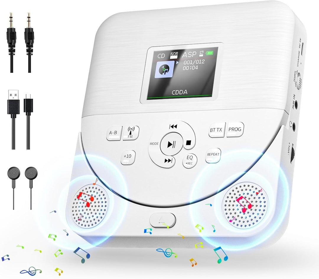 CD Player Tragbar, FELEMAN CD Player Bluetooth mit Lautsprecher/Wiederaufladbar Batterie/Display/Kop