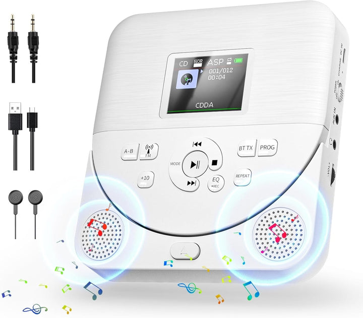 CD Player Tragbar, FELEMAN CD Player Bluetooth mit Lautsprecher/Wiederaufladbar Batterie/Display/Kop