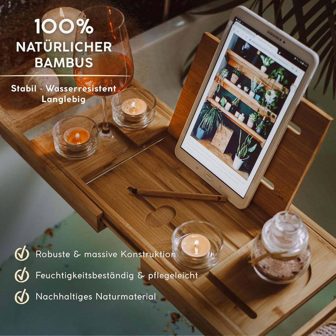 VELIATTE Badewannenablage Ausziehbar Holz 70-105 x 23 x 4 cm - Bamboo Bathtub mit Ständer und Stift