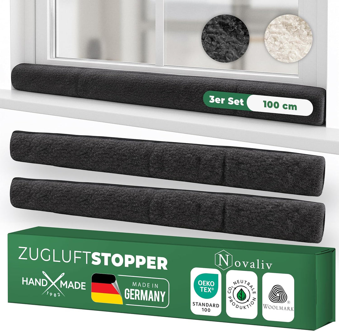 Zugluftstopper für Fenster 100cm Anthrazit Schurwolle – stoppt Zugluft & Kälte, dämpft Lärm/Staub/Li