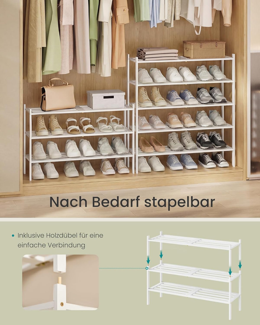 SONGMICS Schuhregal aus Bambus, Schuhablage 3 Ebenen, stapelbar, platzsparend, Regal für Flur, Wohnz