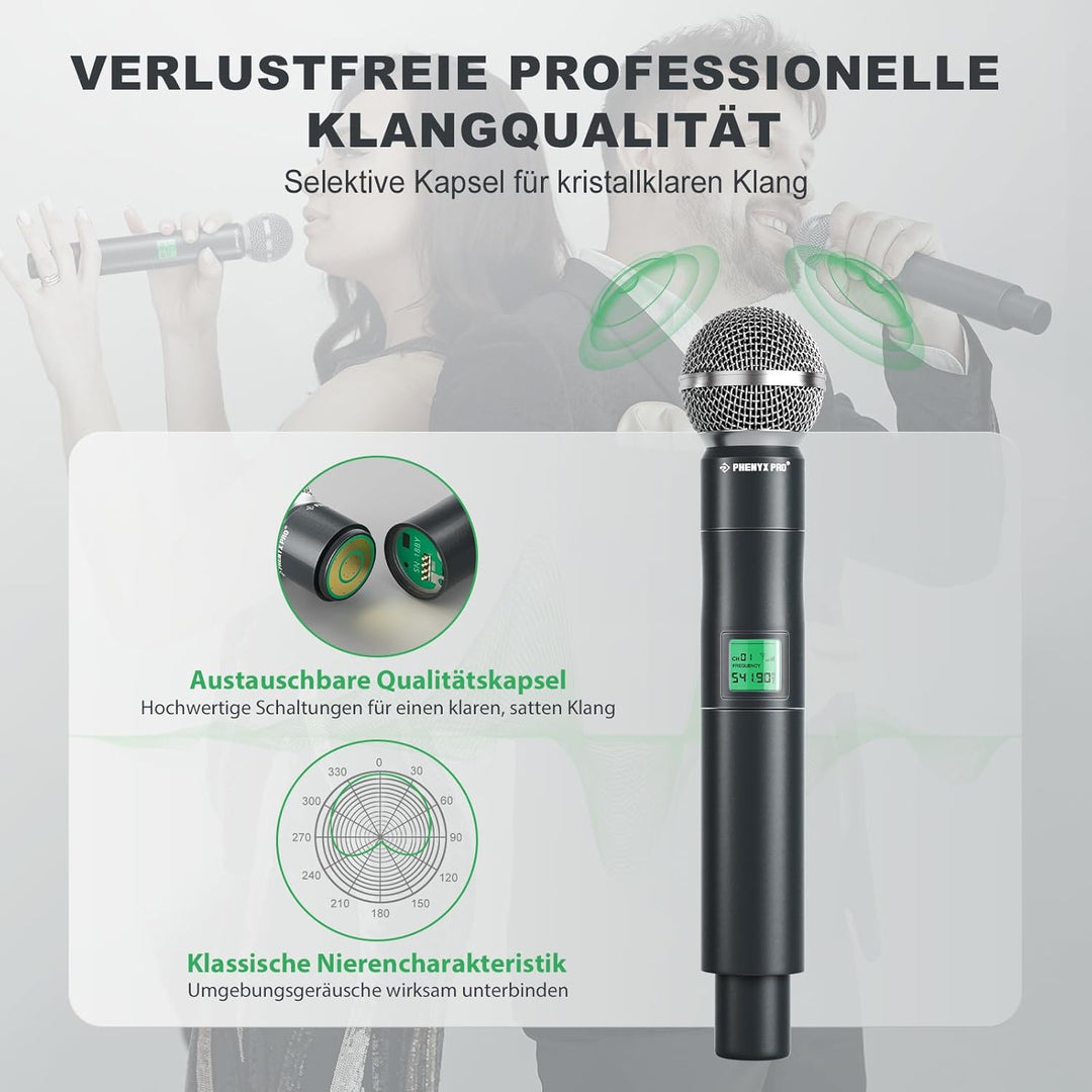 Phenyx Pro Mikrofon kabellos,4-Kanal Karaoke Mikrofon,Kabelloses Festfrequenz-Metall-Funkmikrofon mi