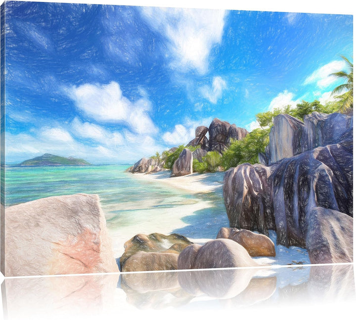 Pixxprint Seychellen Strand Kunst Buntstift Effekt, Format: 100x70 auf Leinwand, 100x70