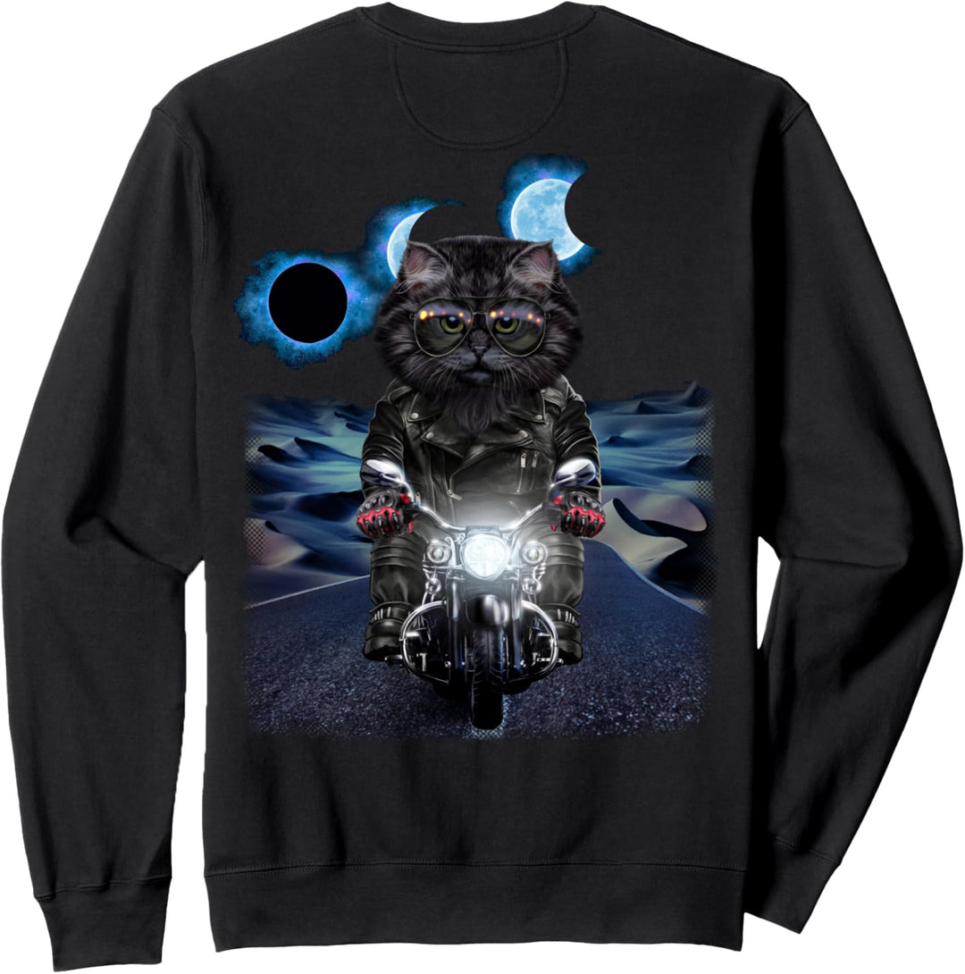 Tabby Katze auf Motorrad während Sonnenfinsternis Sweatshirt