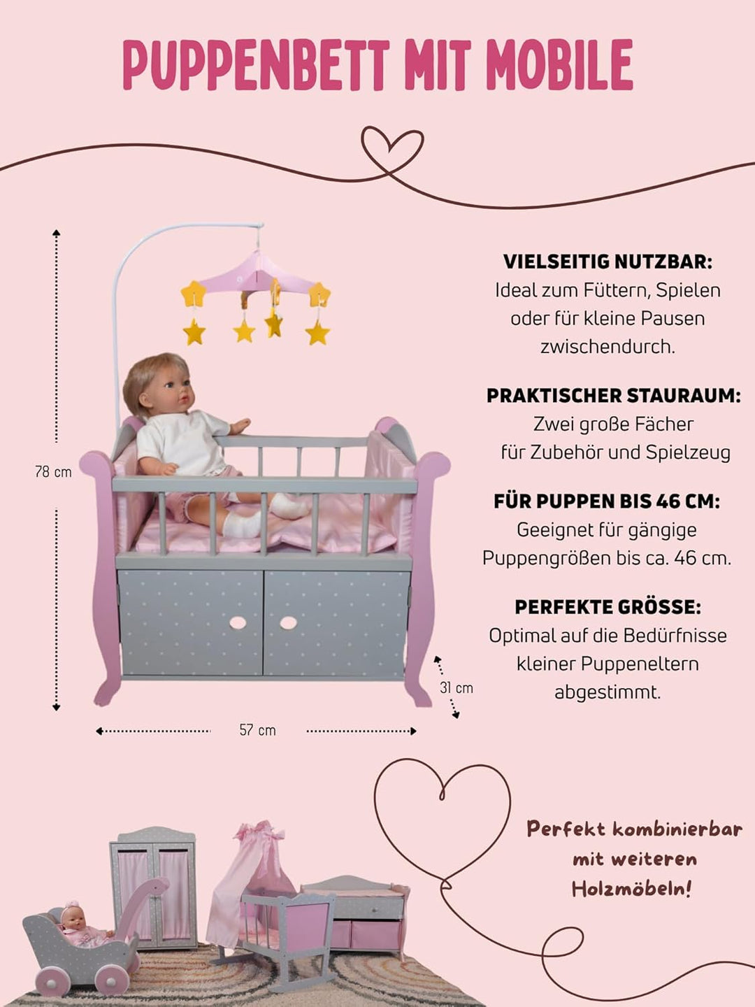 Bayer Chic 2000 - Puppenbett mit Mobile, Puppenmöbel, Puppenzubehör, Puntos grau