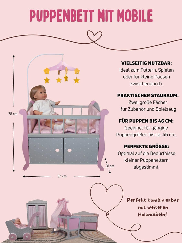 Bayer Chic 2000 - Puppenbett mit Mobile, Puppenmöbel, Puppenzubehör, Puntos grau