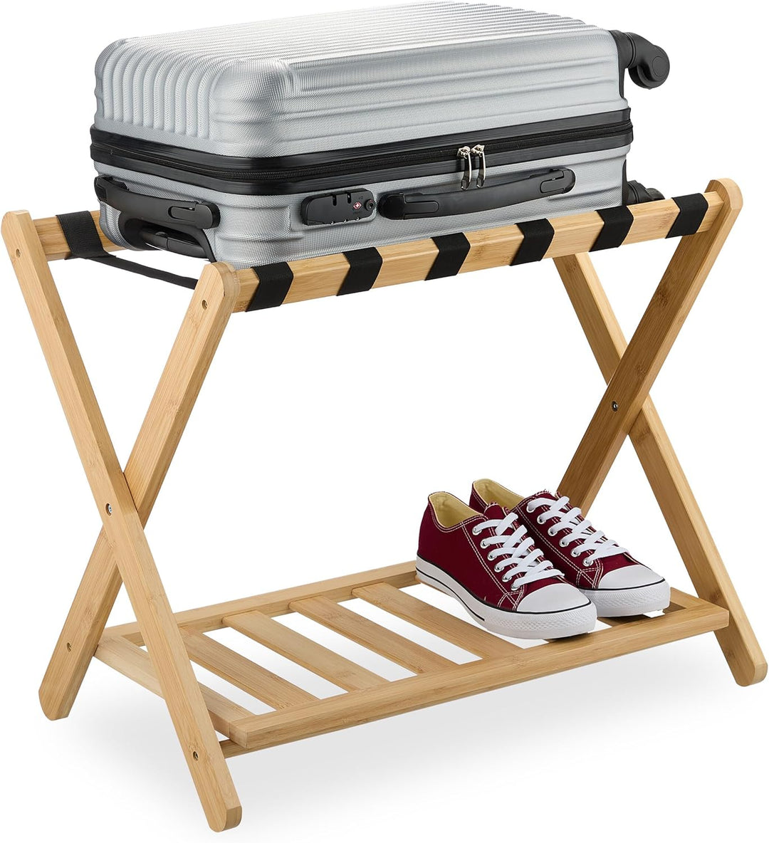 Relaxdays 2 x Kofferständer, klappbar, Bambus, HBT: 56 x 68,5 x 41,5 cm, Gepäckständer mit Ablage, K