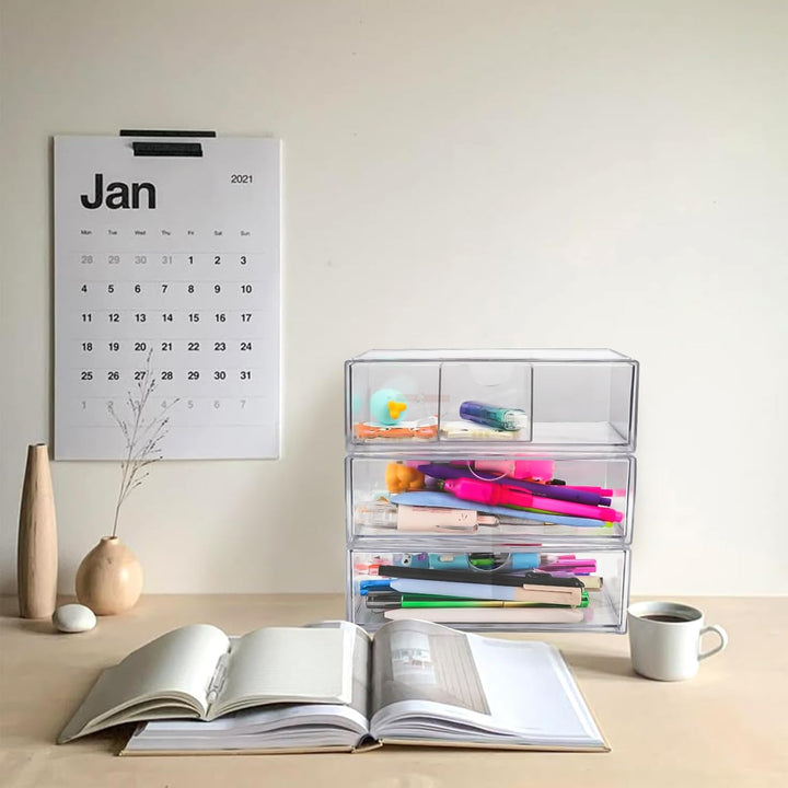 3 Stück Acryl Schubladen Schminktisch Organizer, Stapelbarer Badezimmer Make Up Organizer, Transpare