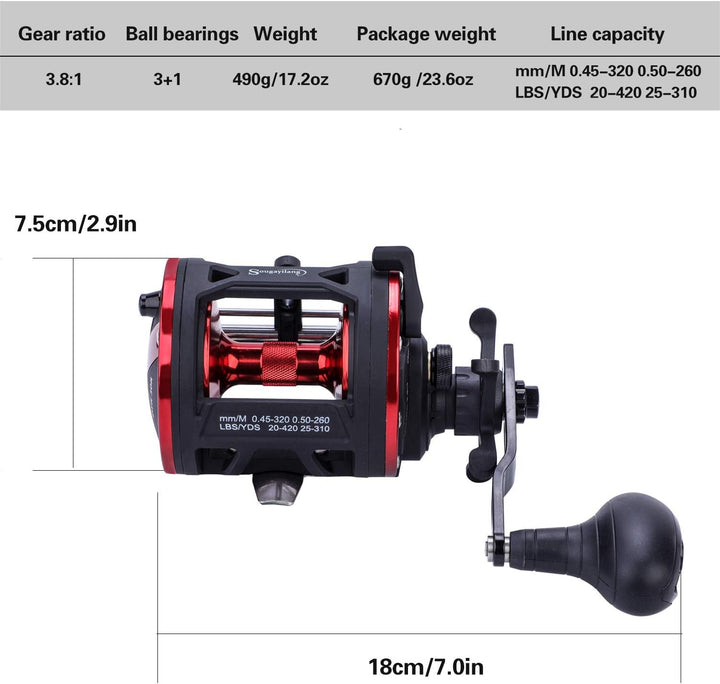 Sougayilang Trolling Reel Level Wind Conventional Reel Graphit Body Fishing Reel, Durable Stainless-