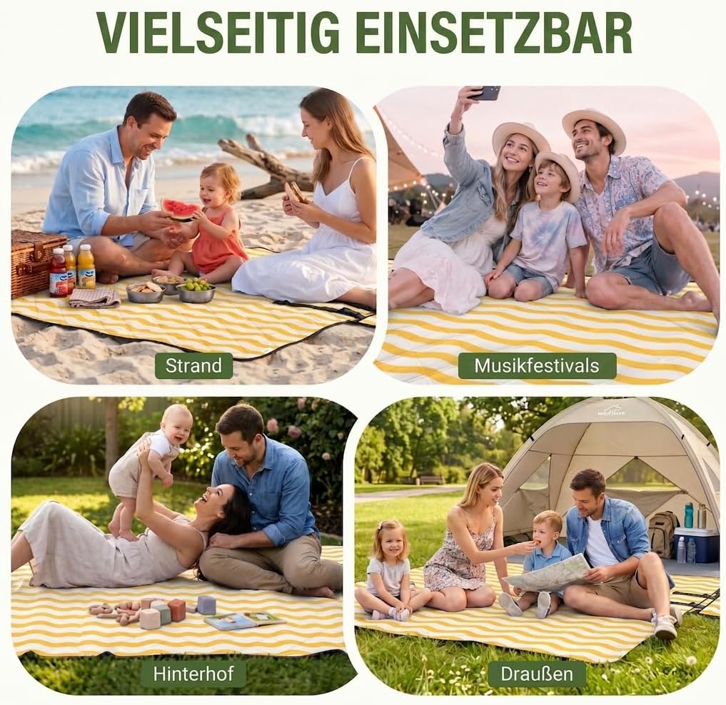 WolfWise Picknickdecke Wasserdicht, 200x200 cm grosse Stranddecke, Faltbare Picknick Decke mit Verst