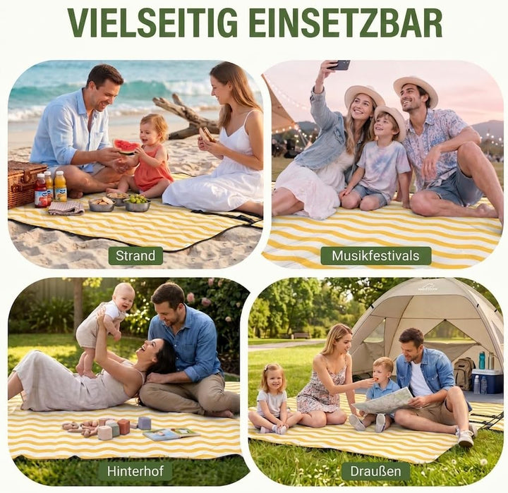 WolfWise Picknickdecke Wasserdicht, 200x200 cm grosse Stranddecke, Faltbare Picknick Decke mit Verst