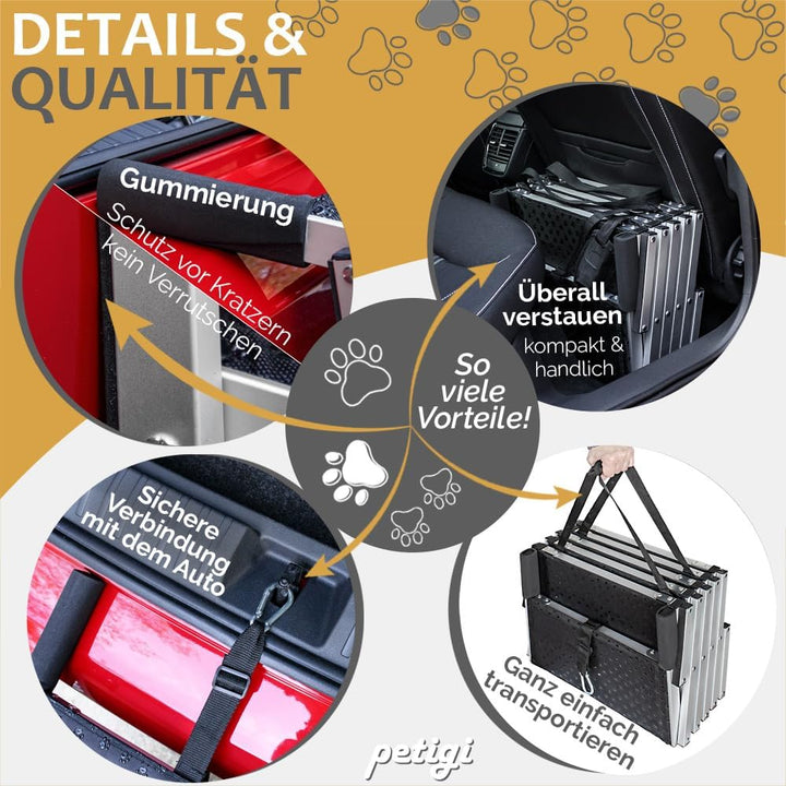 Petigi Auswahl Hunderampe für Auto, Aluminium, Hunde Rampe, Hundetreppe, SUV, rutschfest, Belastbark