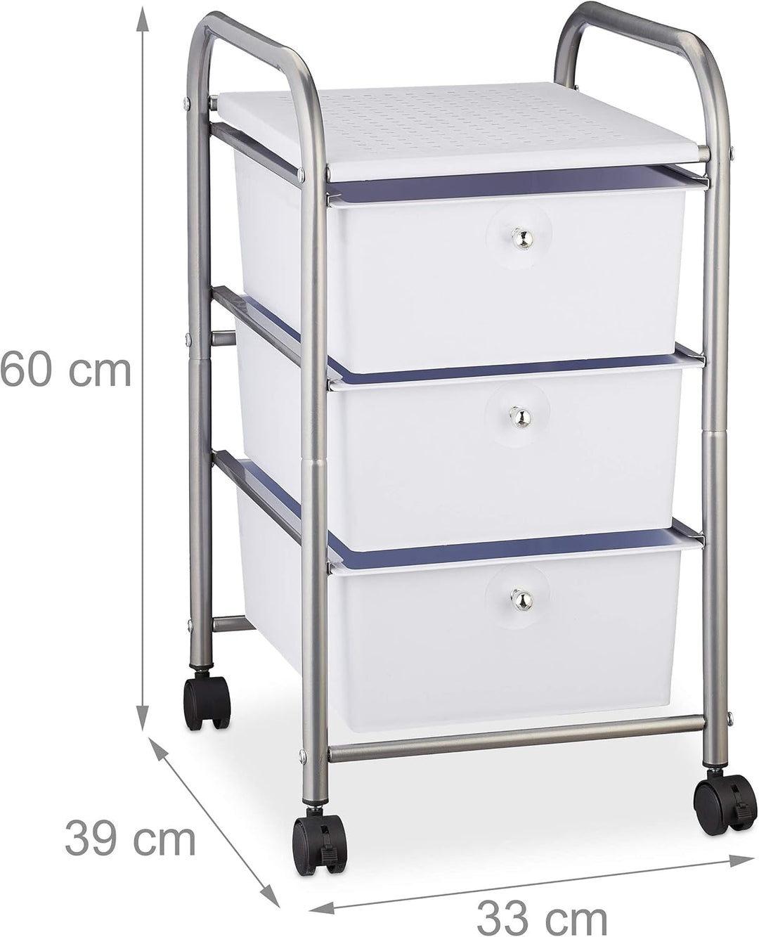 Relaxdays Badrollwagen, 3 Schubladen, Metall & Kunststoff, Rollcontainer Bad, Kosmetik, HxBxT: 60 x