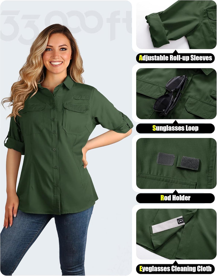 33,000ft Hemdbluse Damen UPF50 UV Schutz Hemd Schnelltrocknende Button-Down Shirts Atmungsaktive Wan