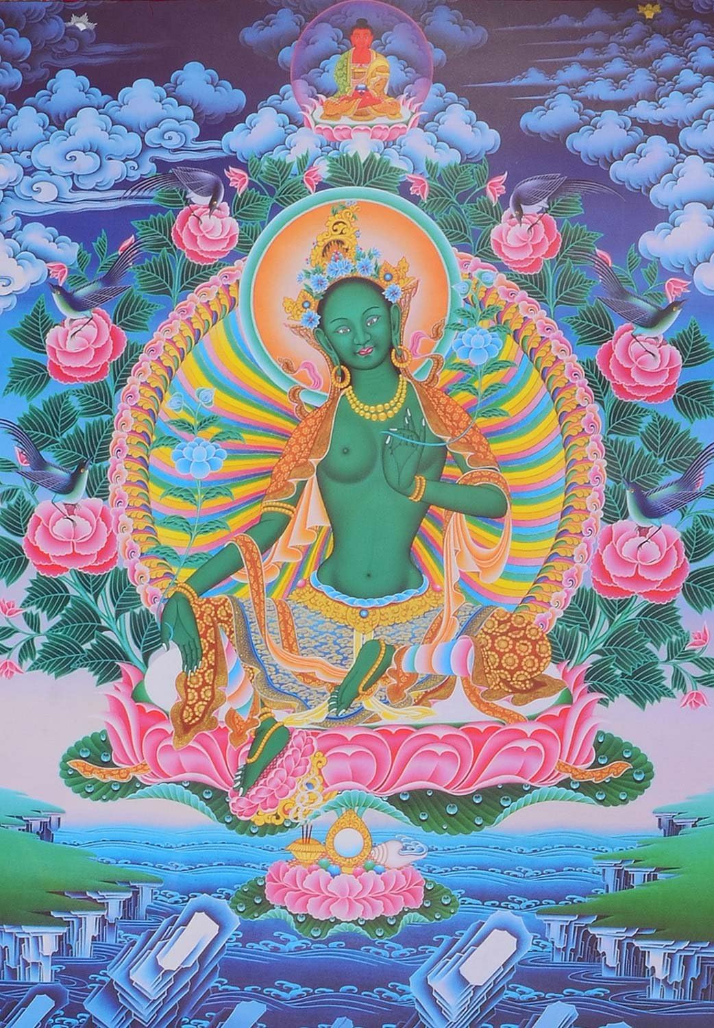 Thangka Grüne Tara oder Green Tara Kunstdruck im tibetischen Brokatrahmen 105cm x 63cm