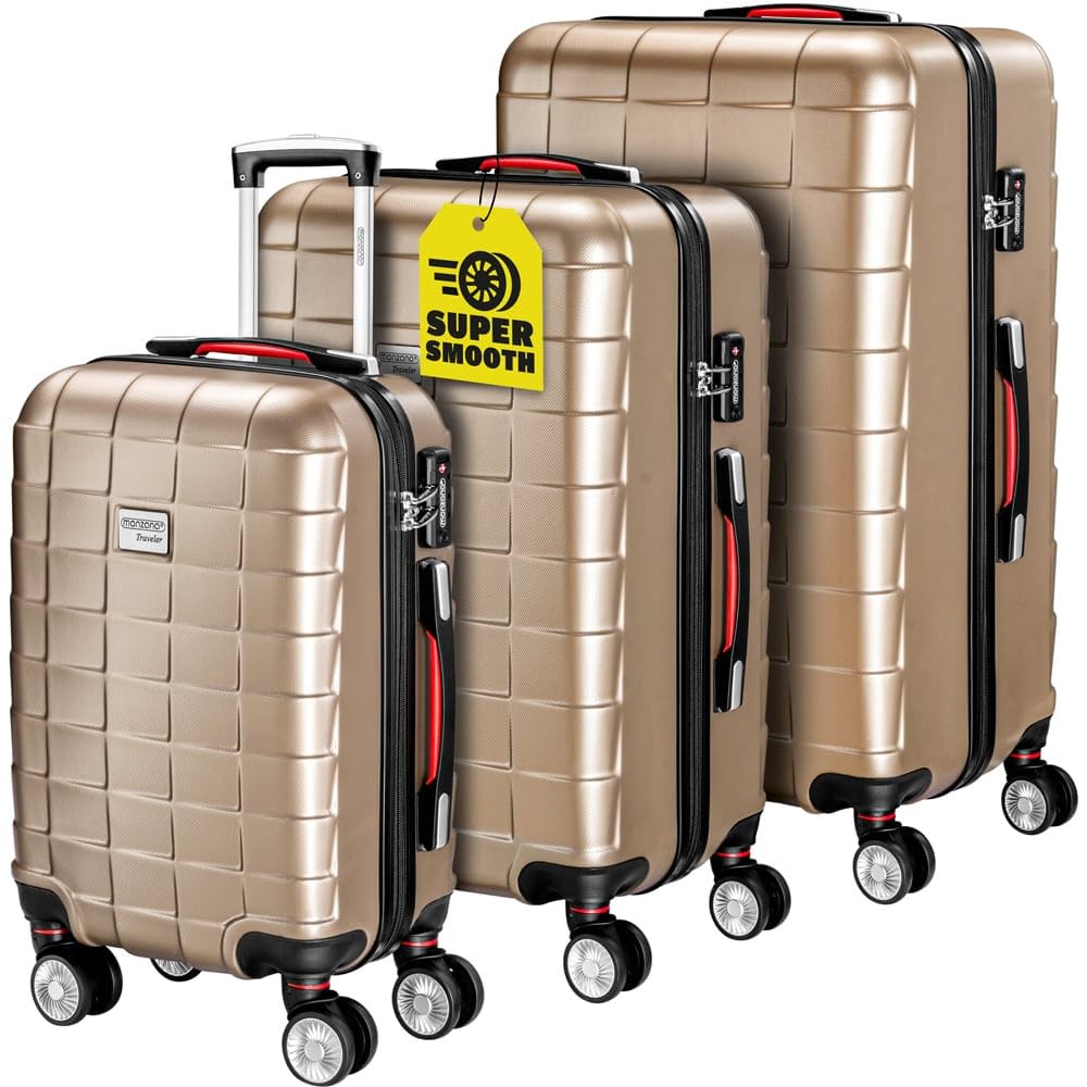 Monzana Exopack 3er Set Koffer | Champagner M, L, XL | TSA Schloss, Gel-Griff | Reisekoffer Rollkoff
