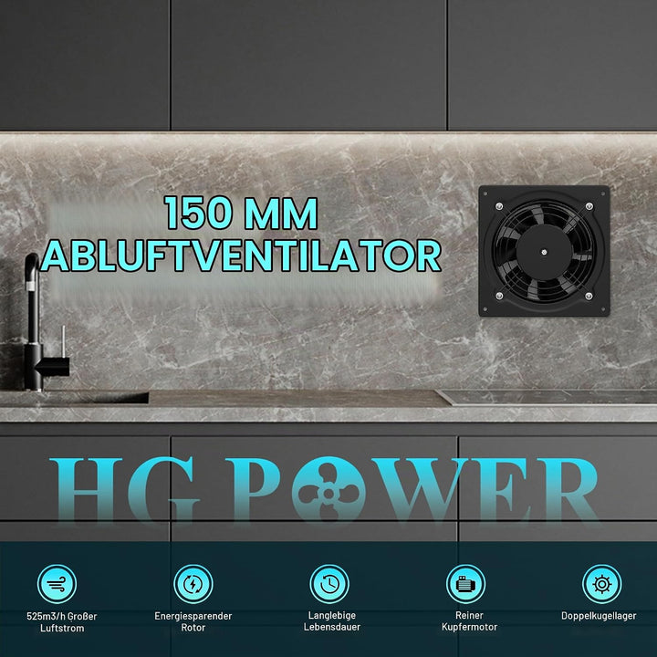 HG Power Abluftventilator 150mm - Badlüfter Leiser mit Rücklaufklappe, Geschwindigkeitsregler, Steck