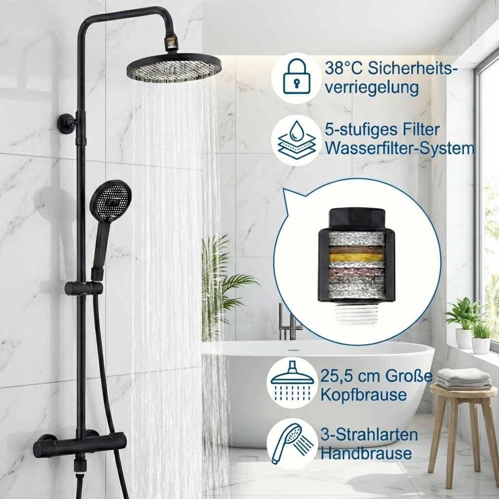 HOMELODY Duschsystem mit Thermostat Schwarz, Duscharmatur Komplettset mit Filter, 25cm Kopfbrause Re
