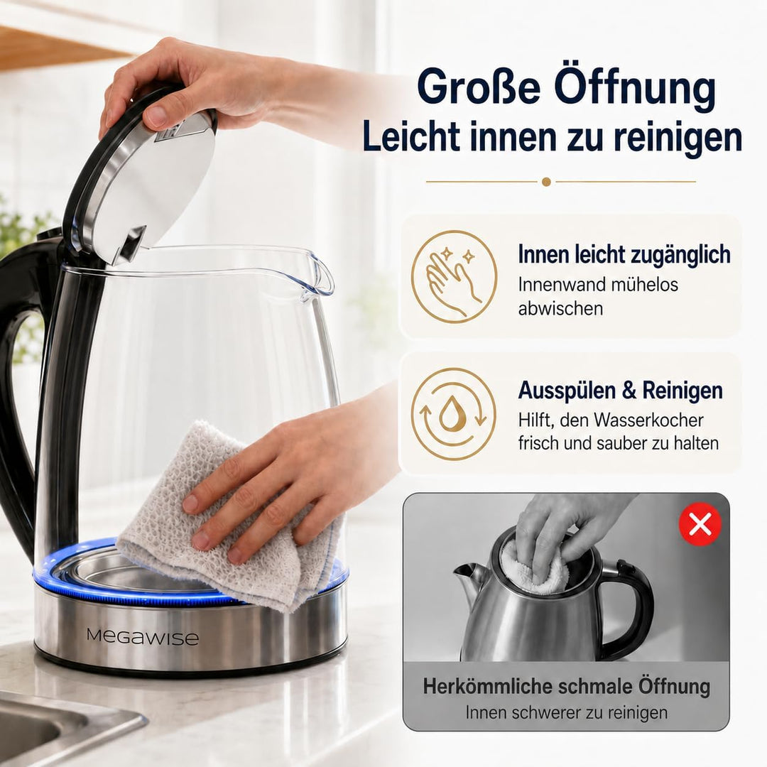 MEGAWISE 1.8L gesunder elektrischer Wasserkocher, 1000W Borosilikatglas Teekessel mit Lebensmittelqu