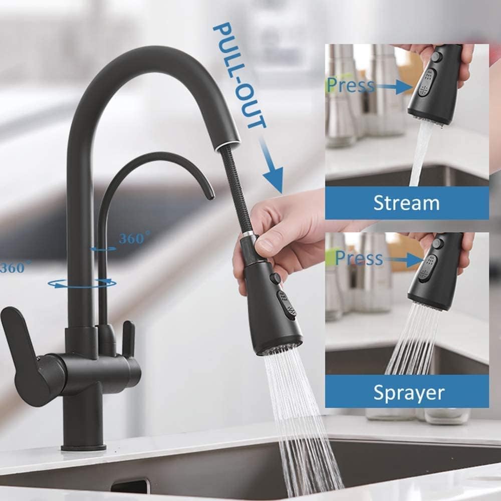 Onyzpily Wasserhahn Küche Schwarz Reines Wasser Küchenarmatur mit ausziehbar Doppelgriff Heisses und