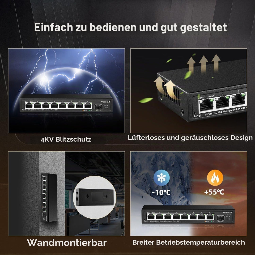MokerLink 8 Port 2.5 Gigabit Managed Switch mit 10G SFP+ Slot, 8 x 2.5G Base-T Ports kompatibel mit
