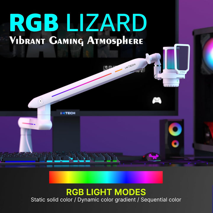 IXTECH RGB Low Profile Galgenarm für Mikrofon, verstellbarer Mikrofonarmständer mit Tischhalterungsk