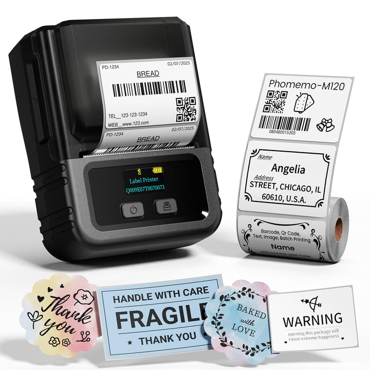 Phomemo M120 Etikettendrucker Bluetooth, Mini Labeldrucker Sticker Drucker Etikettiergerät für Barco