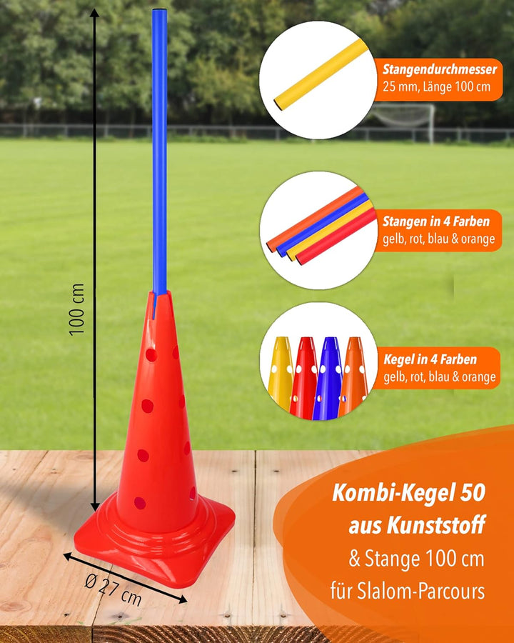 Kombi-Kegel 50 mit Stange 100 cm – 4er Set – Pylone mit Slalomstange – für Slalom-Parcours – Agility