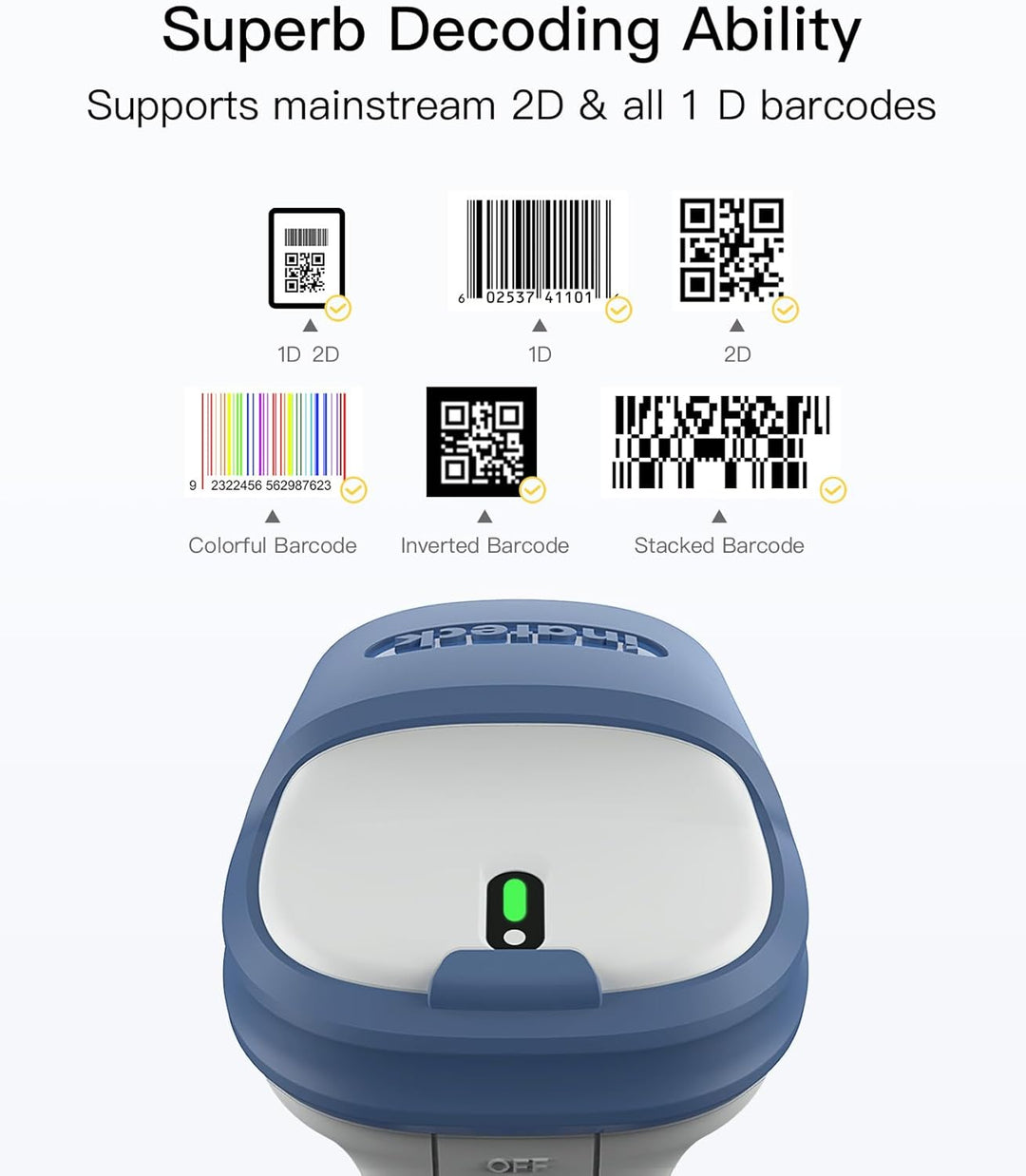 Inateck Wireless Barcode Scanner 2D, Bluetooth 5.0, 2.4Ghz Barcode Reader, QR Code Scanner, liest vo