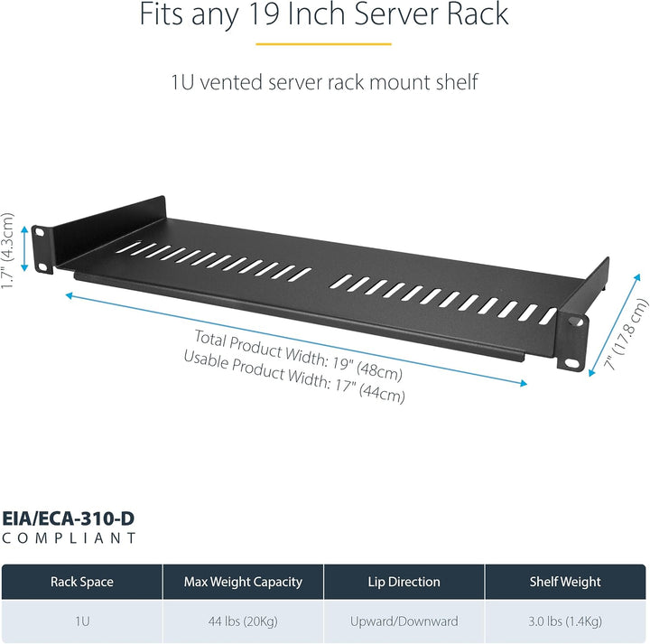 StarTech.com 1HE Fachboden - 1U perforiertes Universal-Rack-Montage-Regal für 19 Zoll Netzwerkschrän