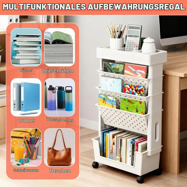 5 Ebenen Mobiler Bücherwagen Klein Bücherregal Kinder mit Rollen Bastelwagen Rollwagen schmal Bücher