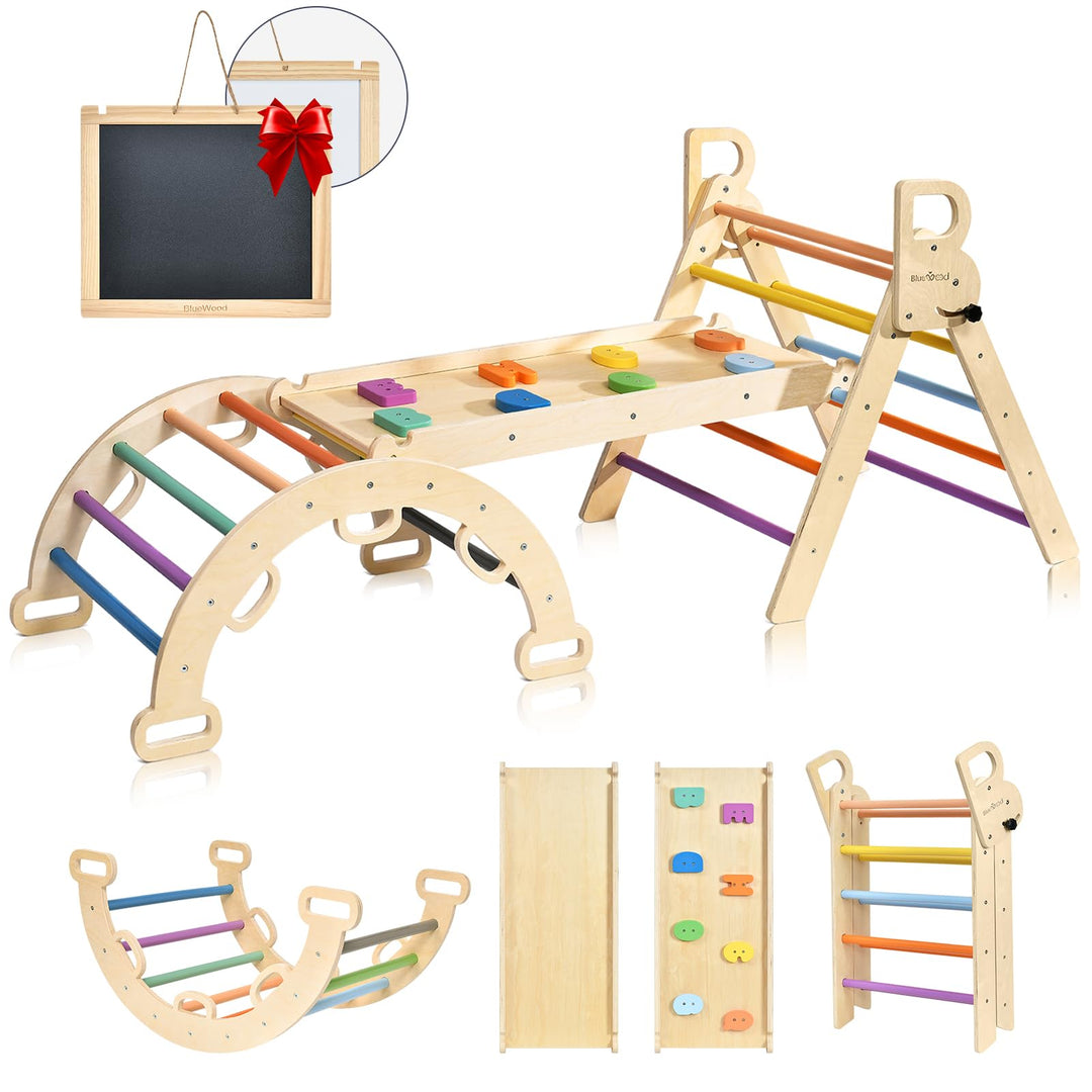 BlueWood 3-in-1 Montessori Indoor Spielset mit Bogen, Rampe und Kletterdreieck, Holz-Dreieckset für