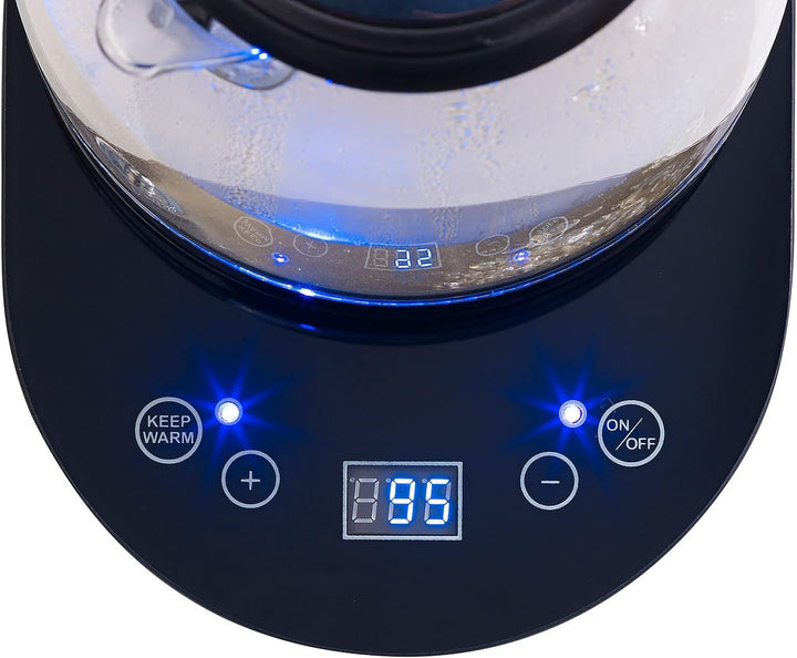 Rosenstein & Söhne Wasserkocher LED: Digitaler Glas-Wasserkocher, Temperaturwahl, Display, 2.200 W,
