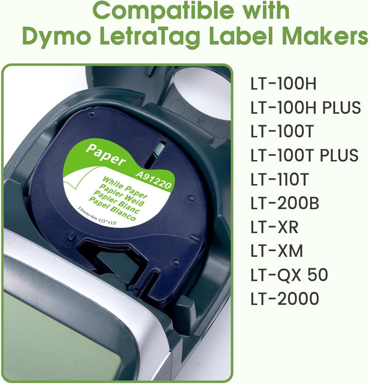 10 Packung MarkField Kompatibel mit Dymo Letratag Papier Etikettenband 12mm x 4m, Kompatibel mit Dym