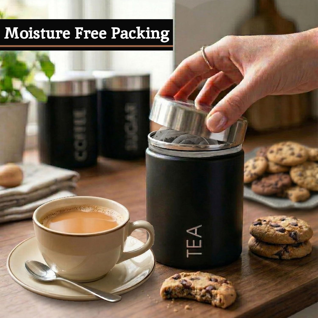 Premier Housewares Tea, Coffee and Sugar Set, Black Enamel, Satin Rostfreier Stahl Lids Liberty Beh&
